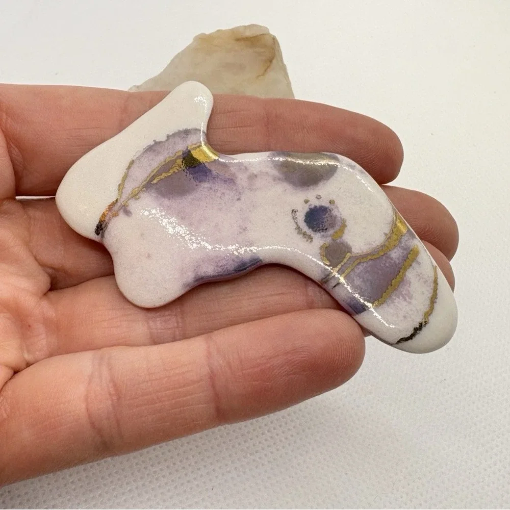 Handmade Ceramic Brooch Pin Purple Gold Glaze Abstract Modernist Artisan 80s 90s